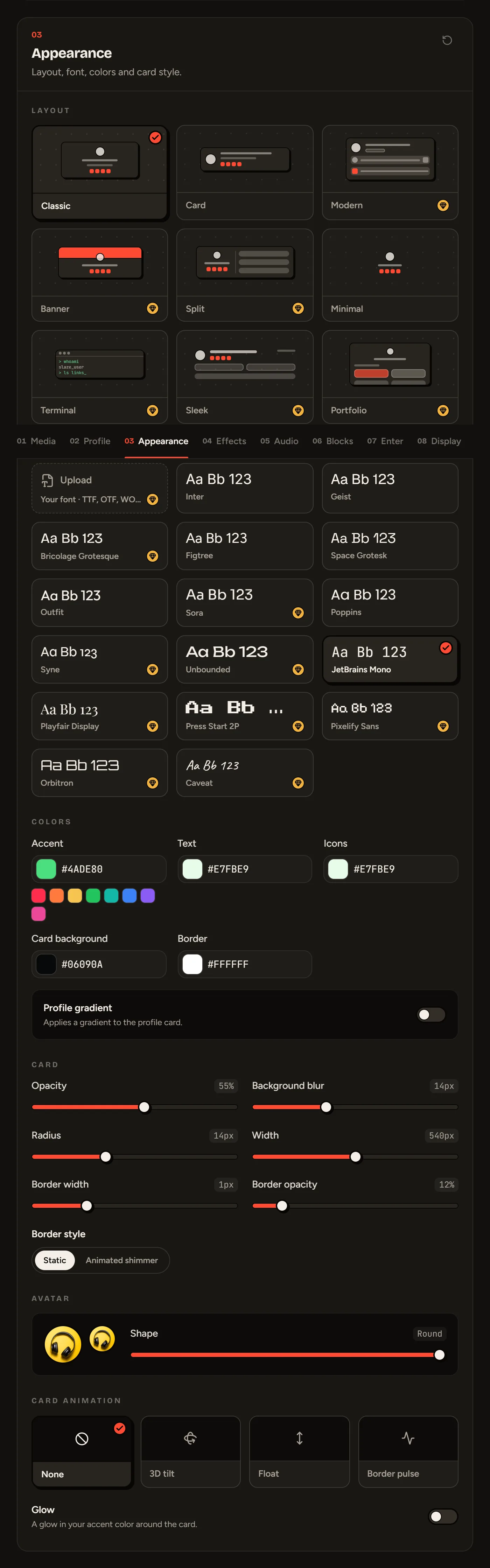 The Appearance section
