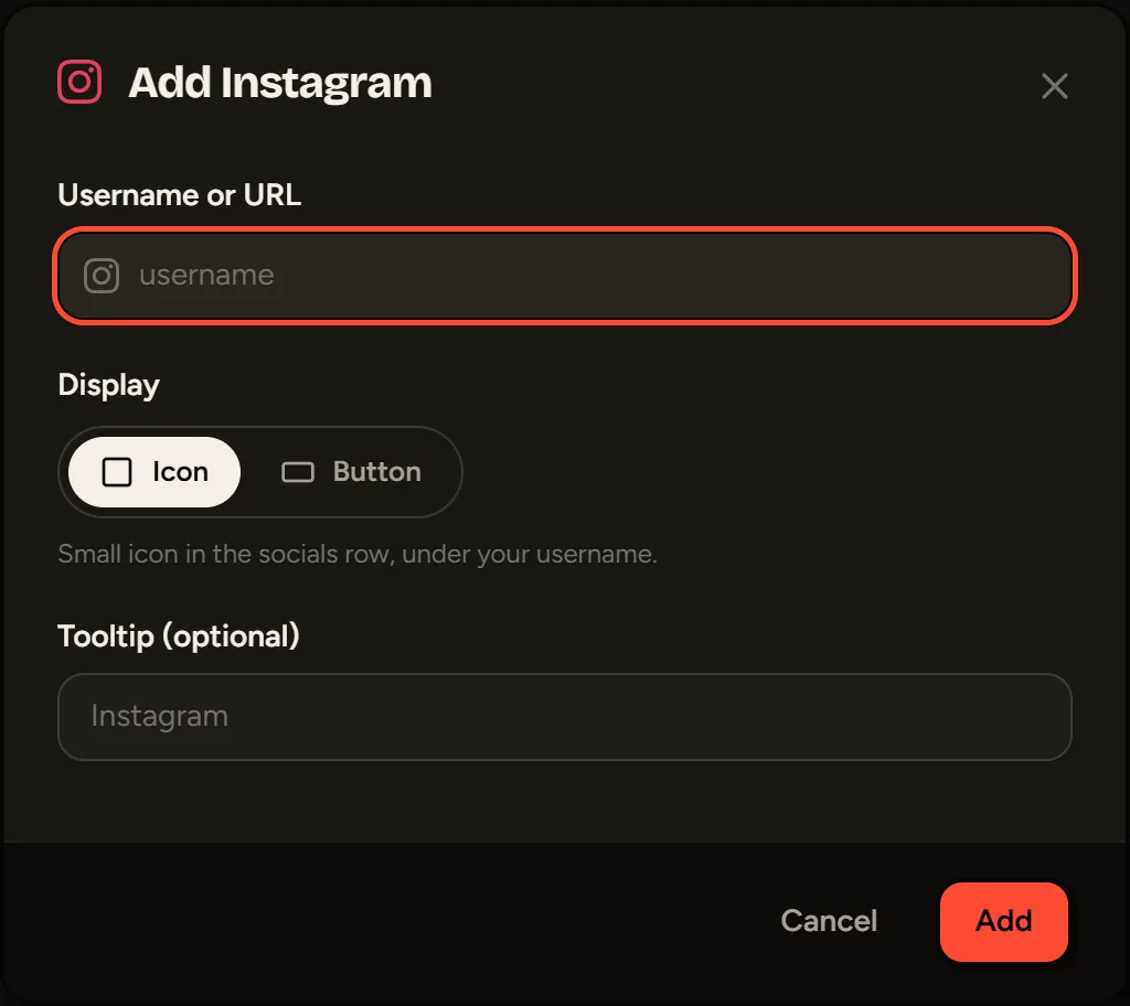 The window for adding a social