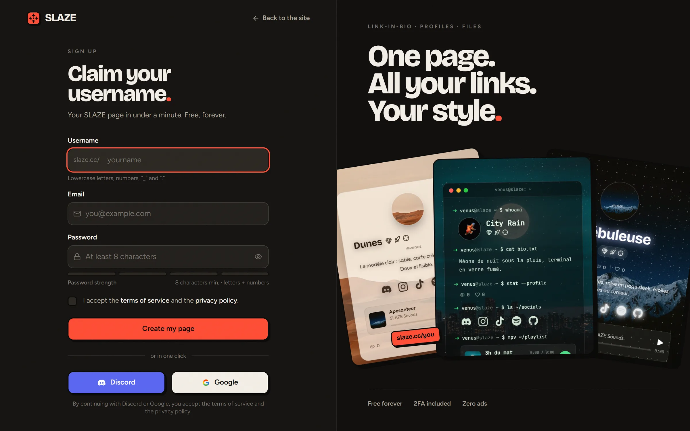 The sign-up page