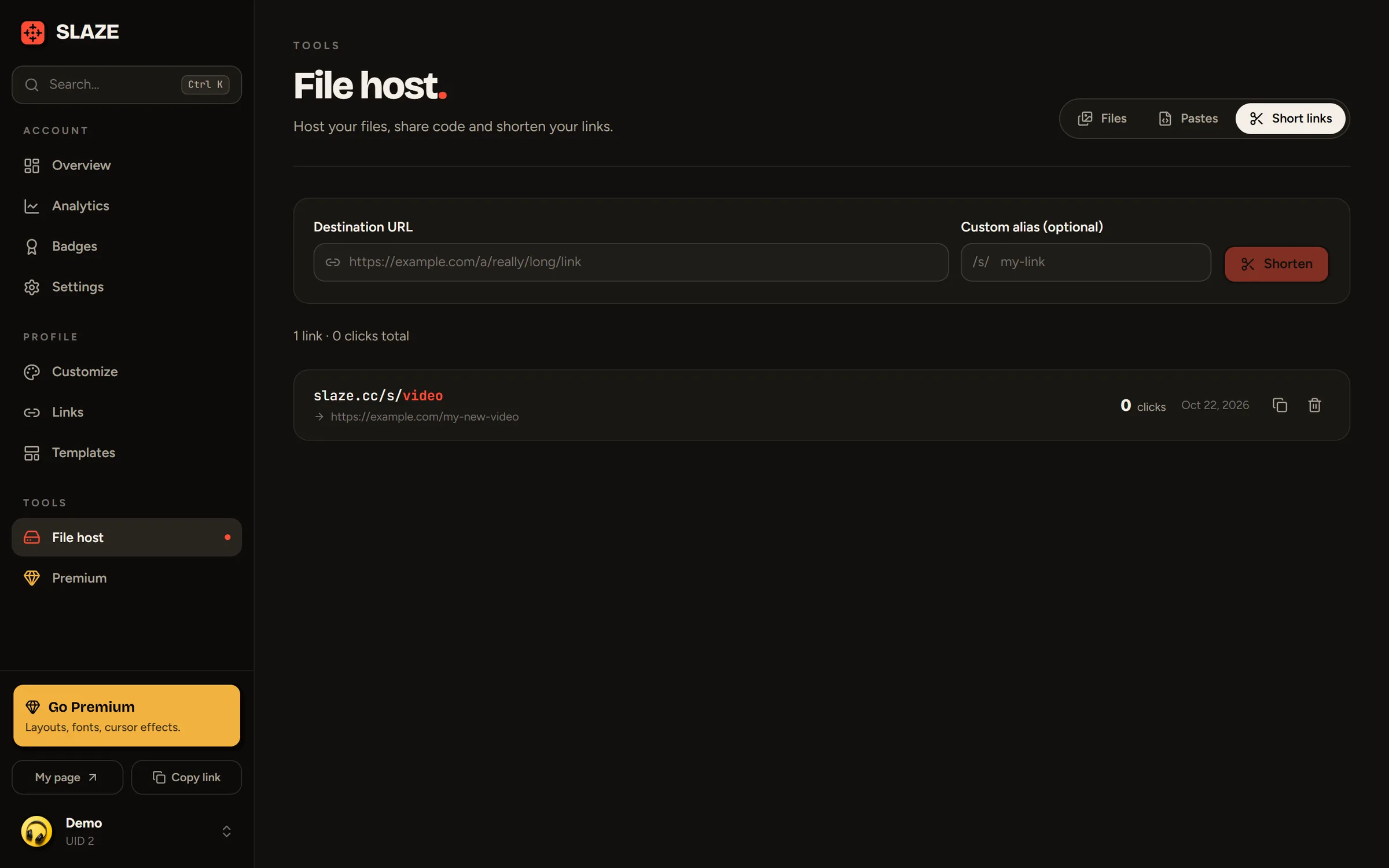 The Short links tab