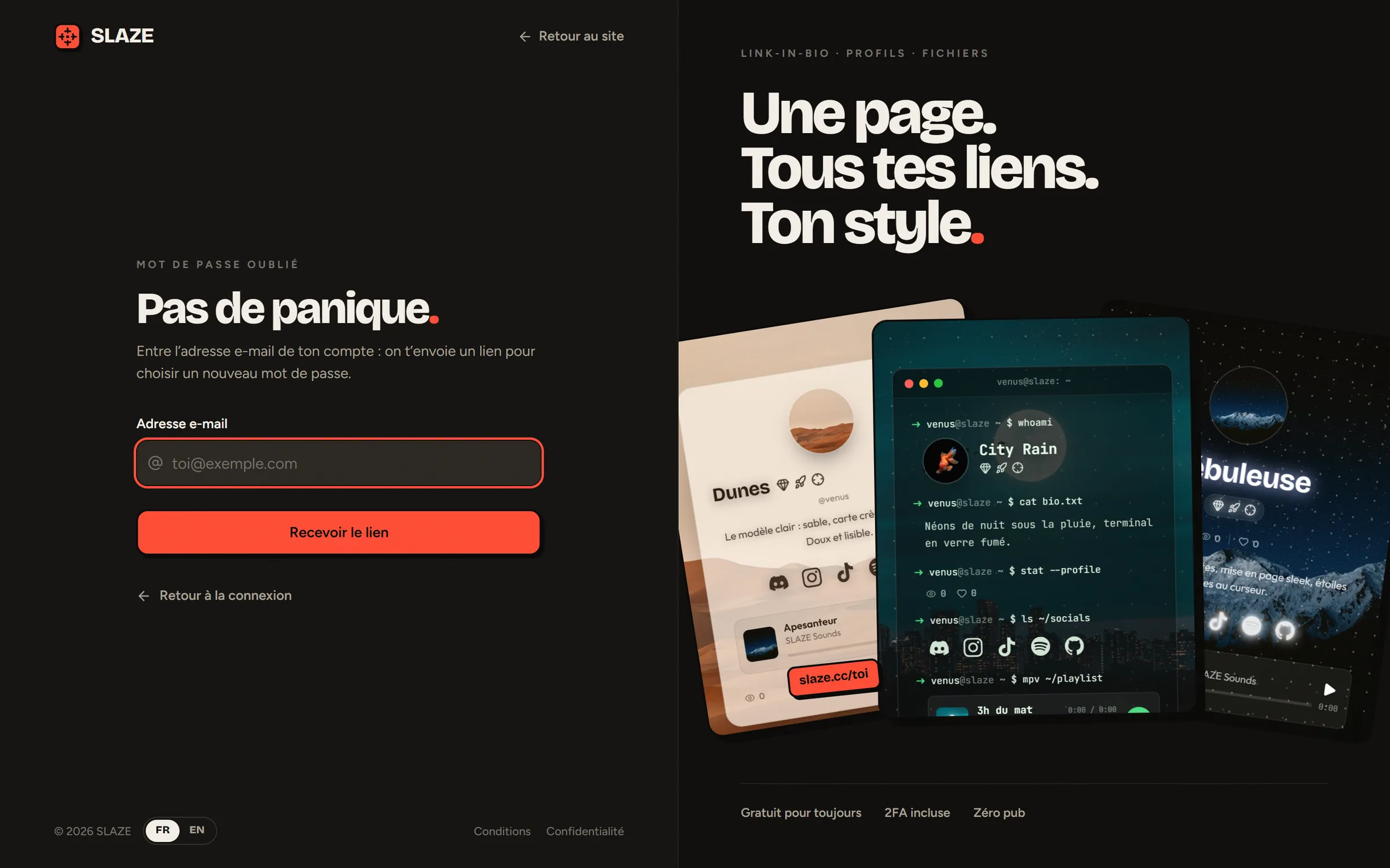 La page Mot de passe oublié
