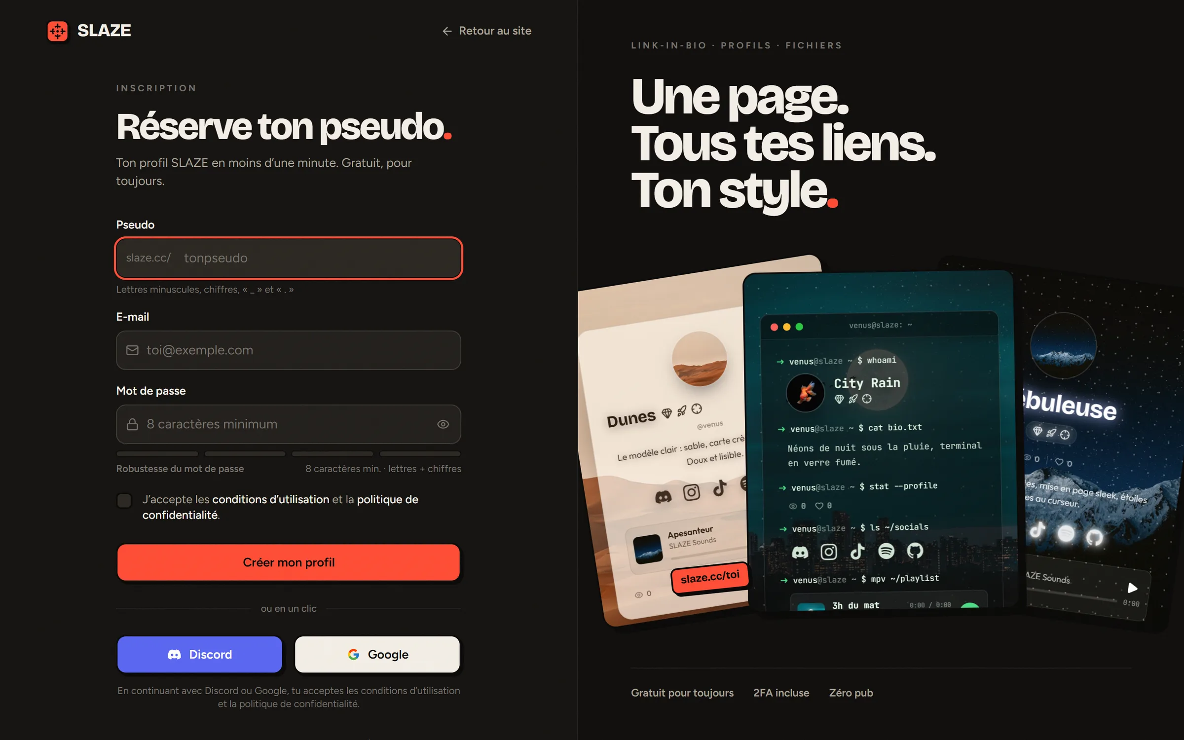 La page d’inscription